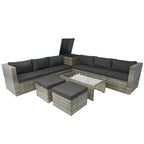 Ensemble de canapé d'angle en L pour patio, 8 pièces, mobilier de jardin en rotin tressé avec un coffre de rangement sous l'assise et une table basse.