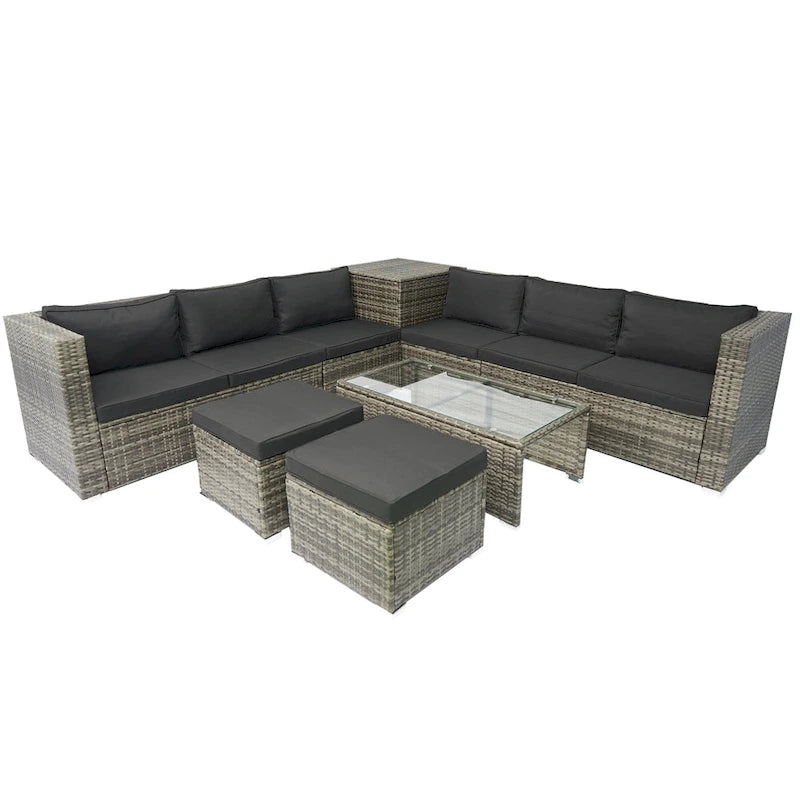 Ensemble de canapé d'angle en L pour patio, 8 pièces, mobilier de jardin en rotin tressé avec un coffre de rangement sous l'assise et une table basse.
