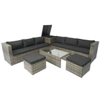 Ensemble de canapé d'angle en L pour patio, 8 pièces, mobilier de jardin en rotin tressé avec un coffre de rangement sous l'assise et une table basse.