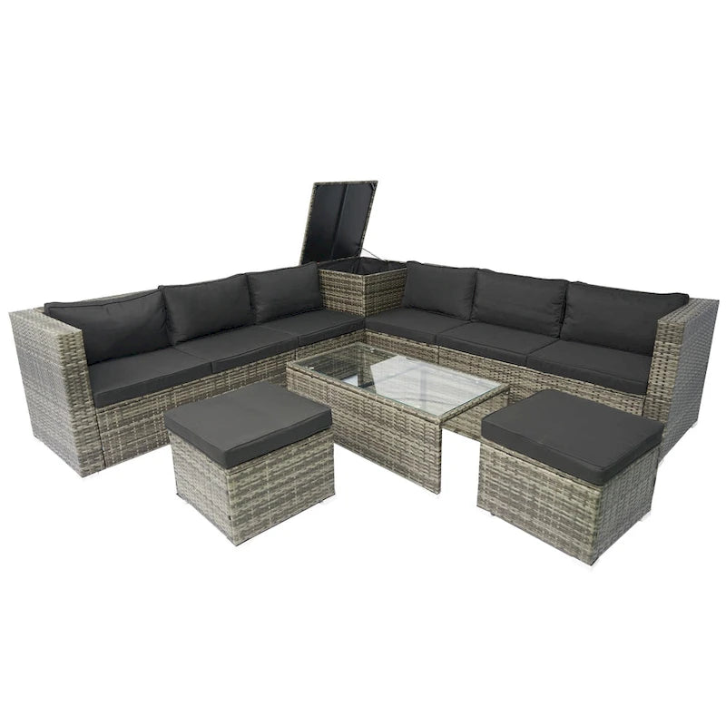 Ensemble de canapé d'angle en L pour patio, 8 pièces, mobilier de jardin en rotin tressé avec un coffre de rangement sous l'assise et une table basse.
