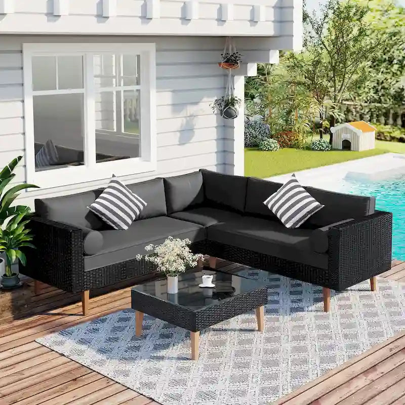 Ensemble de mobilier de jardin 4 pièces, ensemble de conversation résistant aux intempéries, canapé d'angle en résine tressée avec coussins et table basse