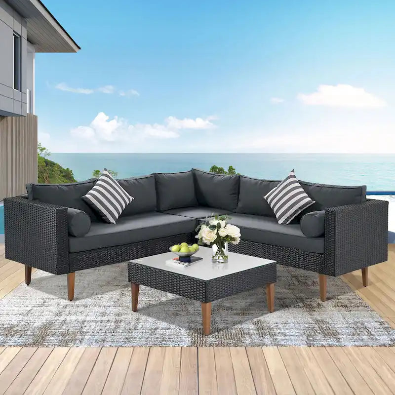 Ensemble de mobilier de jardin 4 pièces, ensemble de conversation résistant aux intempéries, canapé d'angle en résine tressée avec coussins et table basse