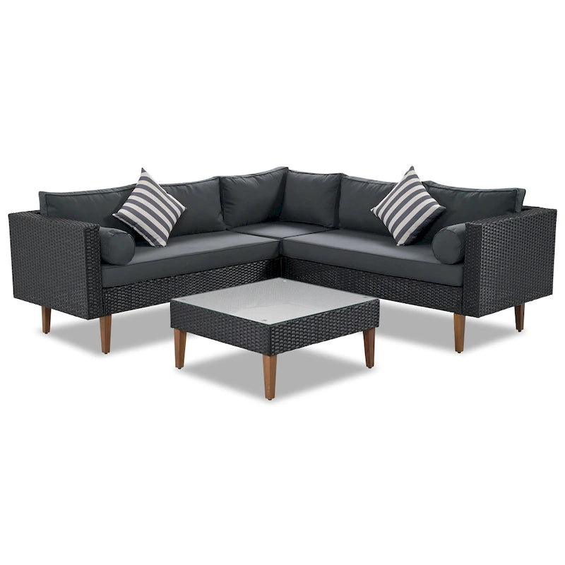 Ensemble de mobilier de jardin 4 pièces, ensemble de conversation résistant aux intempéries, canapé d'angle en résine tressée avec coussins et table basse