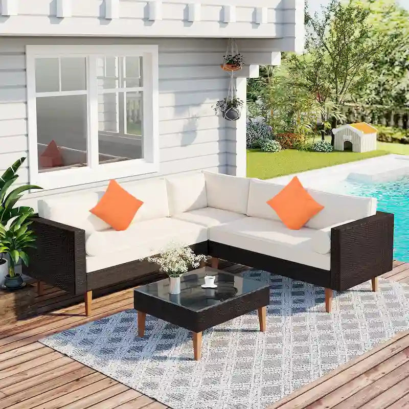 Ensemble de mobilier de jardin 4 pièces, ensemble de conversation résistant aux intempéries, canapé d'angle en résine tressée avec coussins et table basse