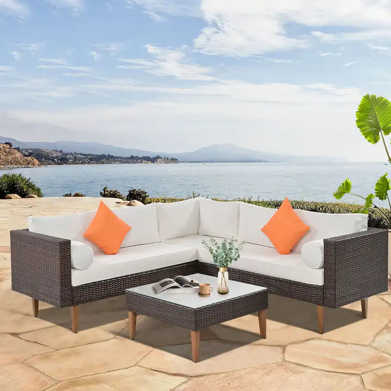 Ensemble de mobilier de jardin 4 pièces, ensemble de conversation résistant aux intempéries, canapé d'angle en résine tressée avec coussins et table basse