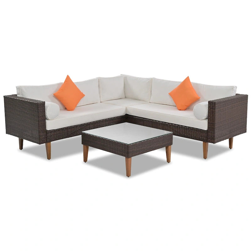 Ensemble de mobilier de jardin 4 pièces, ensemble de conversation résistant aux intempéries, canapé d'angle en résine tressée avec coussins et table basse