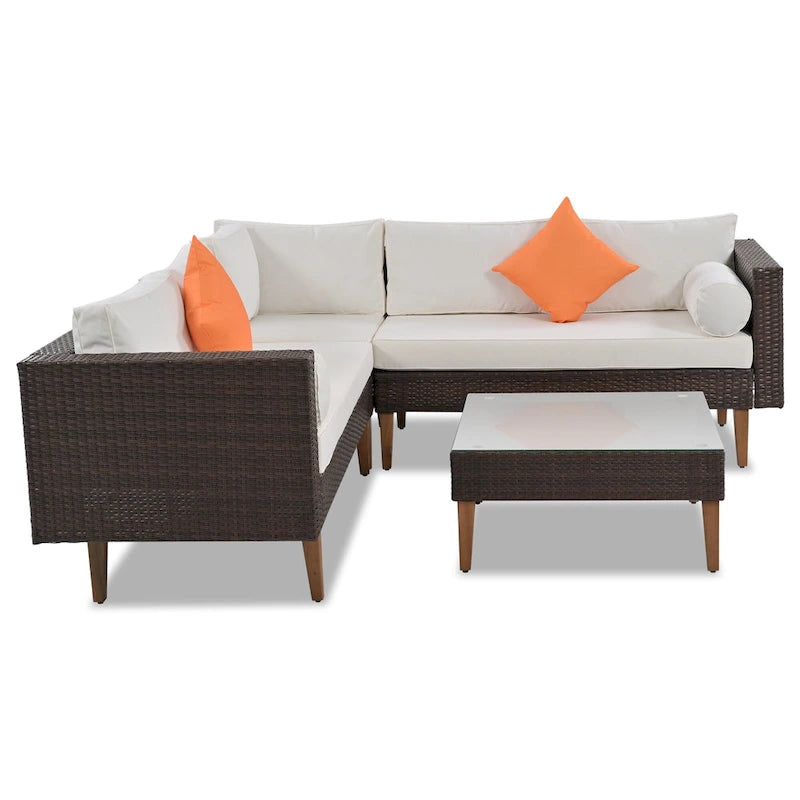 Ensemble de mobilier de jardin 4 pièces, ensemble de conversation résistant aux intempéries, canapé d'angle en résine tressée avec coussins et table basse