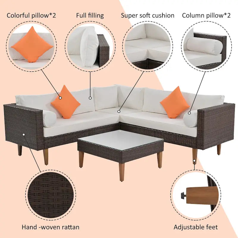 Ensemble de mobilier de jardin 4 pièces, ensemble de conversation résistant aux intempéries, canapé d'angle en résine tressée avec coussins et table basse