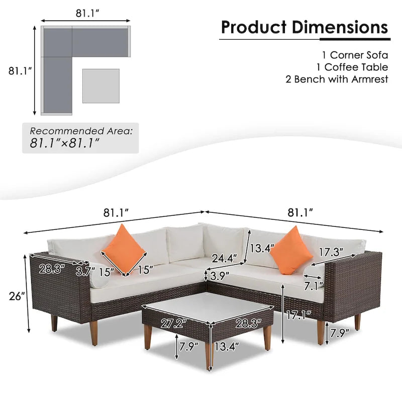 Ensemble de mobilier de jardin 4 pièces, ensemble de conversation résistant aux intempéries, canapé d'angle en résine tressée avec coussins et table basse