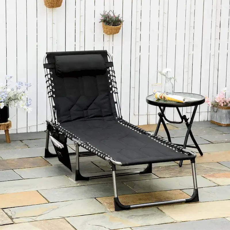 Chaise longue pliante rembourrée Outsunny, chaise de camping inclinable à 6 positions avec appui-tête pour la plage et la terrasse.
