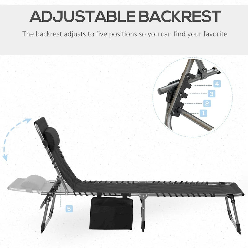 Chaise longue pliante rembourrée Outsunny, chaise de camping inclinable à 6 positions avec appui-tête pour la plage et la terrasse.