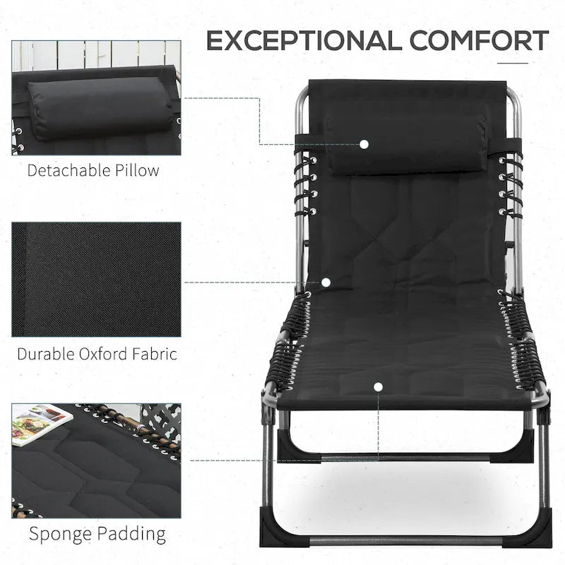 Chaise longue pliante rembourrée Outsunny, chaise de camping inclinable à 6 positions avec appui-tête pour la plage et la terrasse.