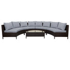 5-Piece All-Weather Brown PE Rattan Sectional Set  Half-Moon Outdoor Sofa with Tempered Glass Table for Patio & Garden