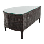 Ensemble de salon de jardin 5 pièces en rotin PE marron résistant aux intempéries, canapé d'angle demi-lune et table basse en verre trempé pour terrasse et jardin.