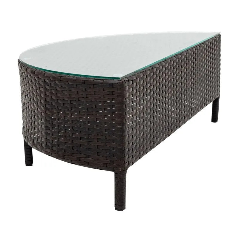 Ensemble de salon de jardin 5 pièces en rotin PE marron résistant aux intempéries, canapé d'angle demi-lune et table basse en verre trempé pour terrasse et jardin.