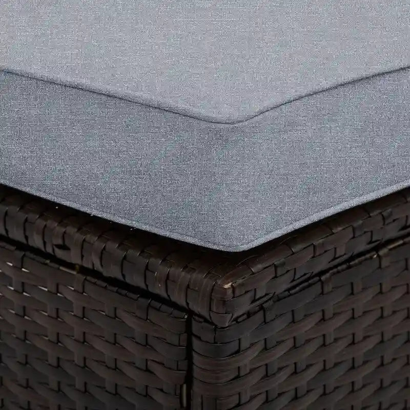 Ensemble de salon de jardin 5 pièces en rotin PE marron résistant aux intempéries, canapé d'angle demi-lune et table basse en verre trempé pour terrasse et jardin.