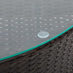 Ensemble de salon de jardin 5 pièces en rotin PE marron résistant aux intempéries, canapé d'angle demi-lune et table basse en verre trempé pour terrasse et jardin.