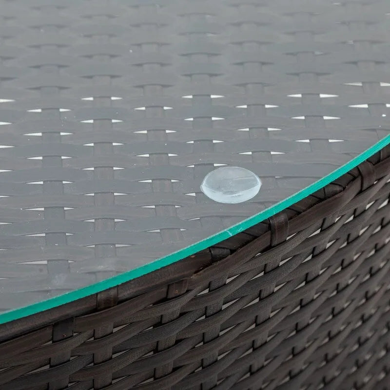 Ensemble de salon de jardin 5 pièces en rotin PE marron résistant aux intempéries, canapé d'angle demi-lune et table basse en verre trempé pour terrasse et jardin.