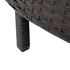 Ensemble de salon de jardin 5 pièces en rotin PE marron résistant aux intempéries, canapé d'angle demi-lune et table basse en verre trempé pour terrasse et jardin.