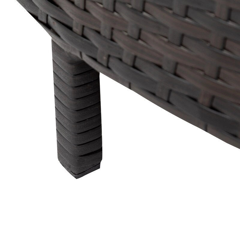 Ensemble de salon de jardin 5 pièces en rotin PE marron résistant aux intempéries, canapé d'angle demi-lune et table basse en verre trempé pour terrasse et jardin.