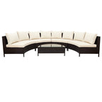 Ensemble de salon de jardin 5 pièces en rotin PE marron résistant aux intempéries, canapé d'angle demi-lune et table basse en verre trempé pour terrasse et jardin.