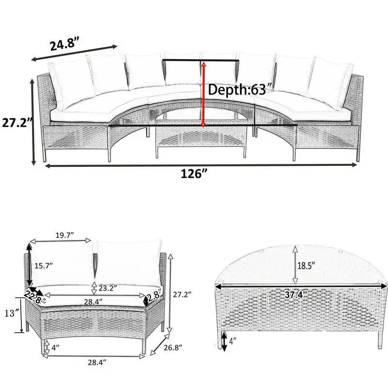 Ensemble de salon de jardin 5 pièces en rotin PE marron résistant aux intempéries, canapé d'angle demi-lune et table basse en verre trempé pour terrasse et jardin.