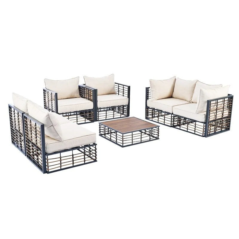 Ensemble de canapé d'extérieur sectionnel contemporain en métal 7 pièces, mobilier de patio résistant aux intempéries avec coussins moelleux et table basse.
