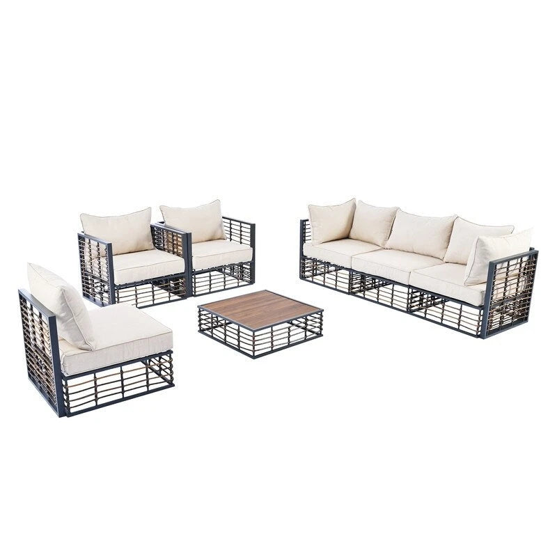 Ensemble de canapé d'extérieur sectionnel contemporain en métal 7 pièces, mobilier de patio résistant aux intempéries avec coussins moelleux et table basse.