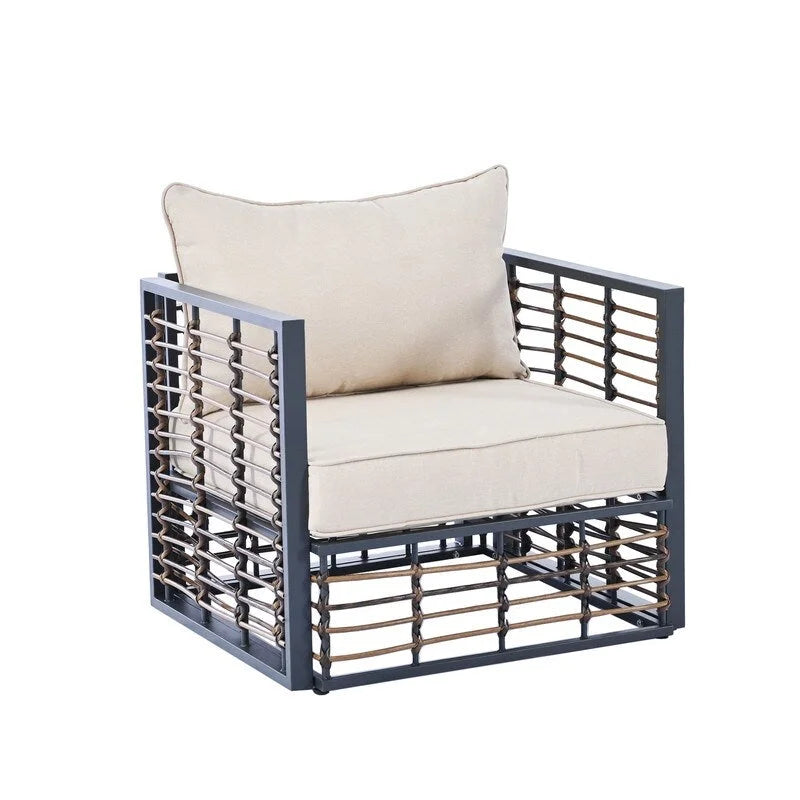 Ensemble de canapé d'extérieur sectionnel contemporain en métal 7 pièces, mobilier de patio résistant aux intempéries avec coussins moelleux et table basse.