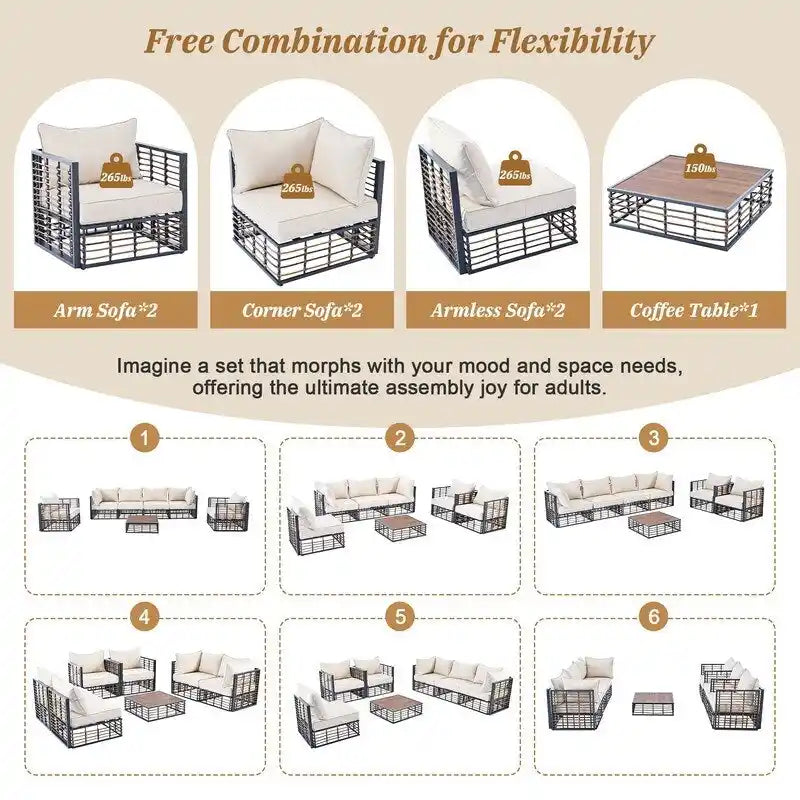 Ensemble de canapé d'extérieur sectionnel contemporain en métal 7 pièces, mobilier de patio résistant aux intempéries avec coussins moelleux et table basse.