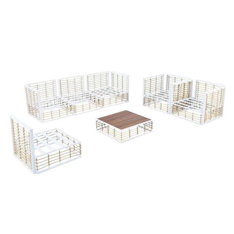 Ensemble de canapé d'extérieur sectionnel contemporain en métal 7 pièces, mobilier de patio résistant aux intempéries avec coussins moelleux et table basse.