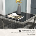 Table d'appoint en rotin, table basse d'extérieur avec étagère de rangement, structure carrée en aluminium, plateau en verre trempé, gris chiné