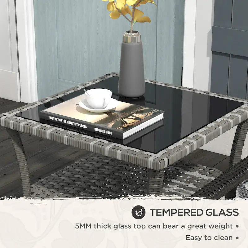 Table d'appoint en rotin, table basse d'extérieur avec étagère de rangement, structure carrée en aluminium, plateau en verre trempé, gris chiné