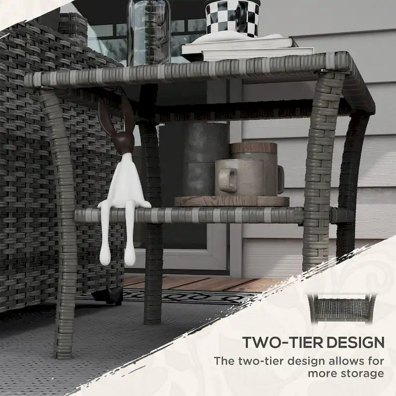 Table d'appoint en rotin, table basse d'extérieur avec étagère de rangement, structure carrée en aluminium, plateau en verre trempé, gris chiné