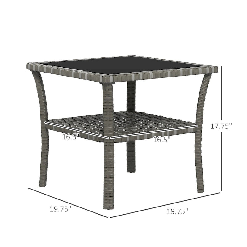 Table d'appoint en rotin, table basse d'extérieur avec étagère de rangement, structure carrée en aluminium, plateau en verre trempé, gris chiné