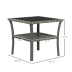 Table d'appoint en rotin, table basse d'extérieur avec étagère de rangement, structure carrée en aluminium, plateau en verre trempé, gris chiné
