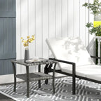 Table d'appoint en rotin, table basse d'extérieur avec étagère de rangement, structure carrée en aluminium, plateau en verre trempé, gris chiné