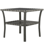 Table d'appoint en rotin, table basse d'extérieur avec étagère de rangement, structure carrée en aluminium, plateau en verre trempé, gris chiné
