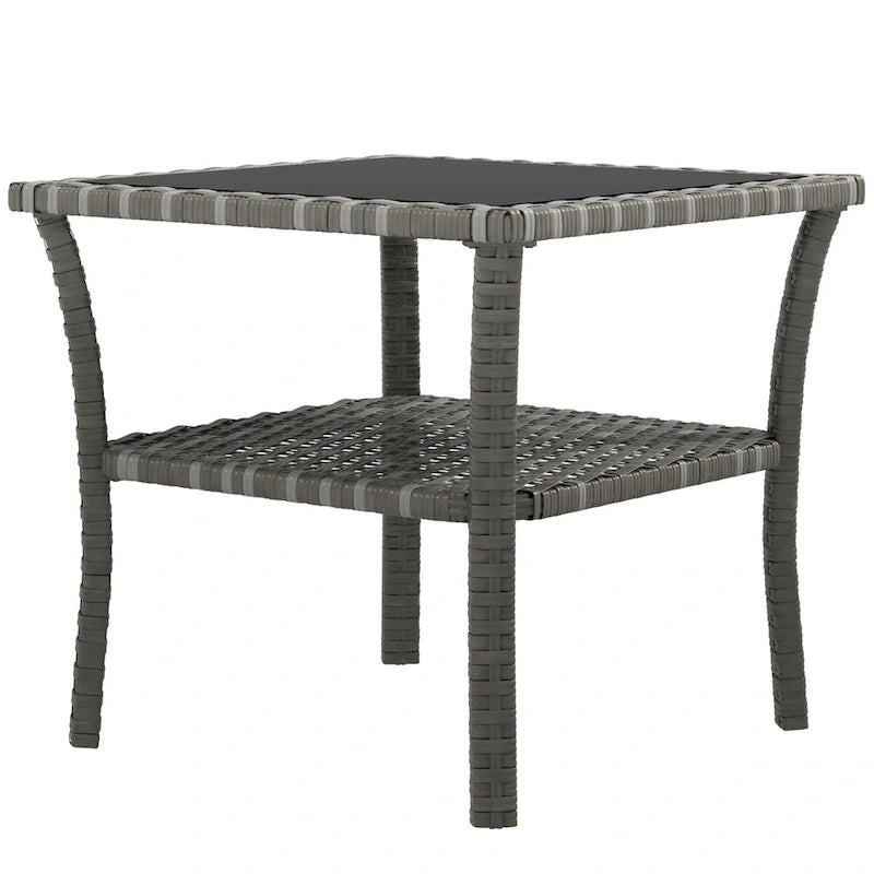 Table d'appoint en rotin, table basse d'extérieur avec étagère de rangement, structure carrée en aluminium, plateau en verre trempé, gris chiné