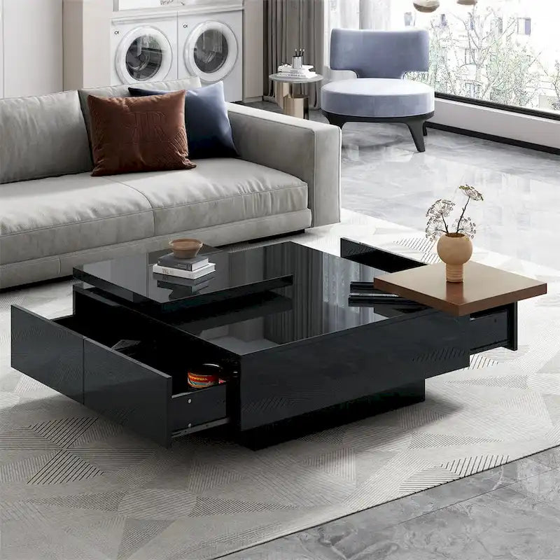 Table basse carrée avec plateau coulissant, table basse moderne avec 4 compartiments de rangement dissimulés, table d'appoint