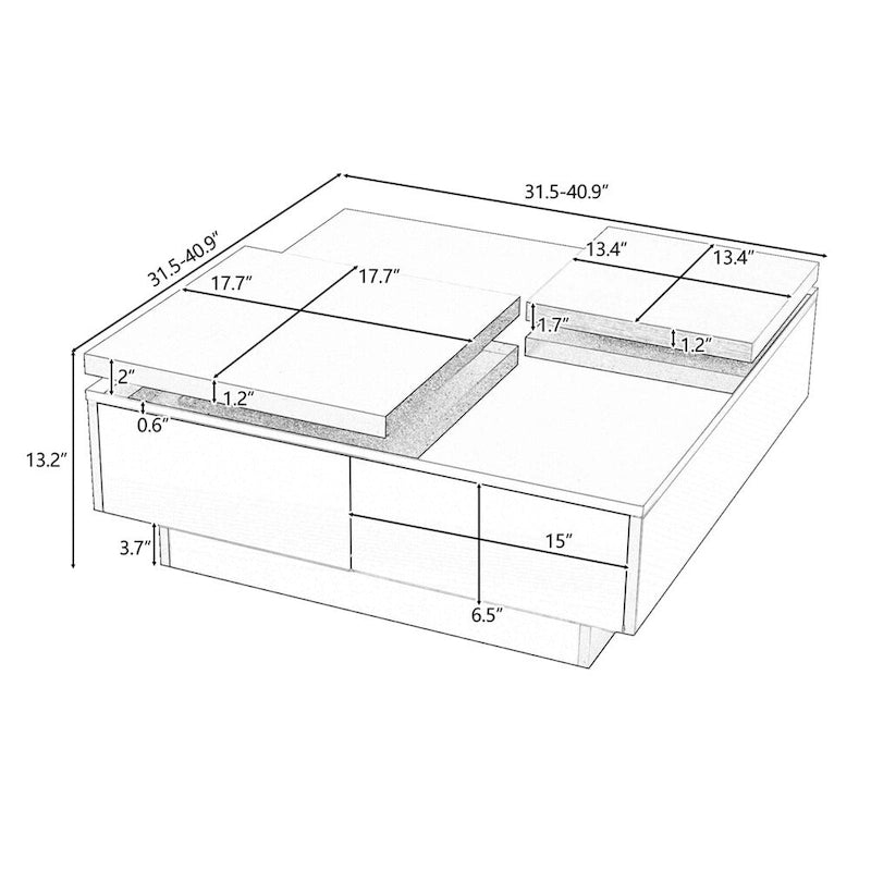 Table basse carrée avec plateau coulissant, table basse moderne avec 4 compartiments de rangement dissimulés, table d'appoint