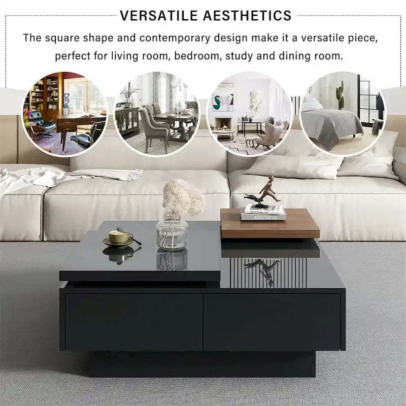 Table basse carrée avec plateau coulissant, table basse moderne avec 4 compartiments de rangement dissimulés, table d'appoint