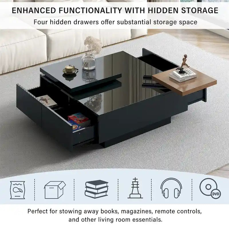Table basse carrée avec plateau coulissant, table basse moderne avec 4 compartiments de rangement dissimulés, table d'appoint
