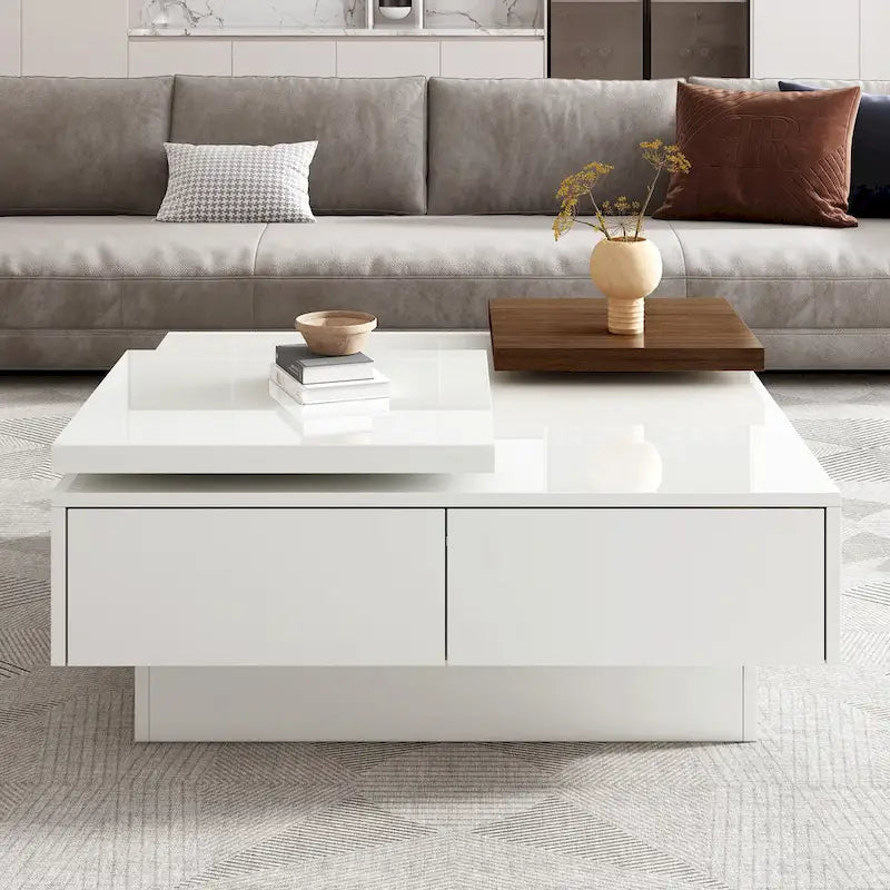 Table basse carrée avec plateau coulissant, table basse moderne avec 4 compartiments de rangement dissimulés, table d'appoint