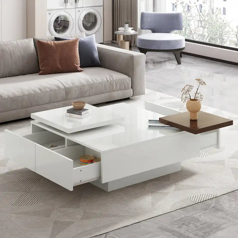 Table basse carrée avec plateau coulissant, table basse moderne avec 4 compartiments de rangement dissimulés, table d'appoint