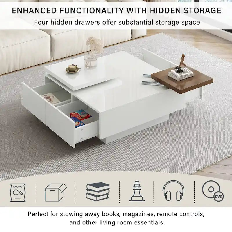 Table basse carrée avec plateau coulissant, table basse moderne avec 4 compartiments de rangement dissimulés, table d'appoint