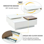 Table basse carrée avec plateau coulissant, table basse moderne avec 4 compartiments de rangement dissimulés, table d'appoint