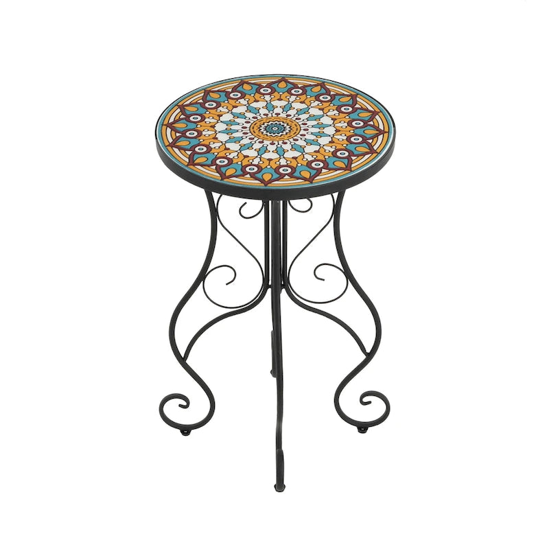 Table d'appoint ronde d'extérieur en céramique, colorée et noire