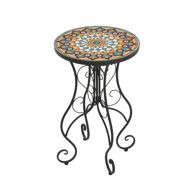 Table d'appoint ronde d'extérieur en céramique, colorée et noire