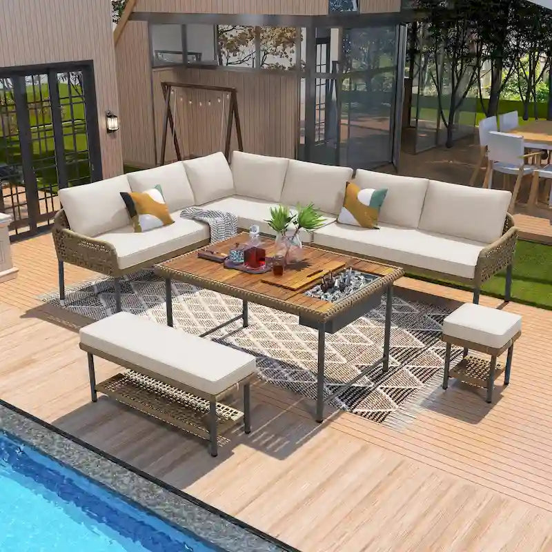 Ensemble de canapé d'angle d'extérieur en forme de L, 6 pièces, mobilier de jardin en corde avec canapé, table basse de rangement, tabourets et banc